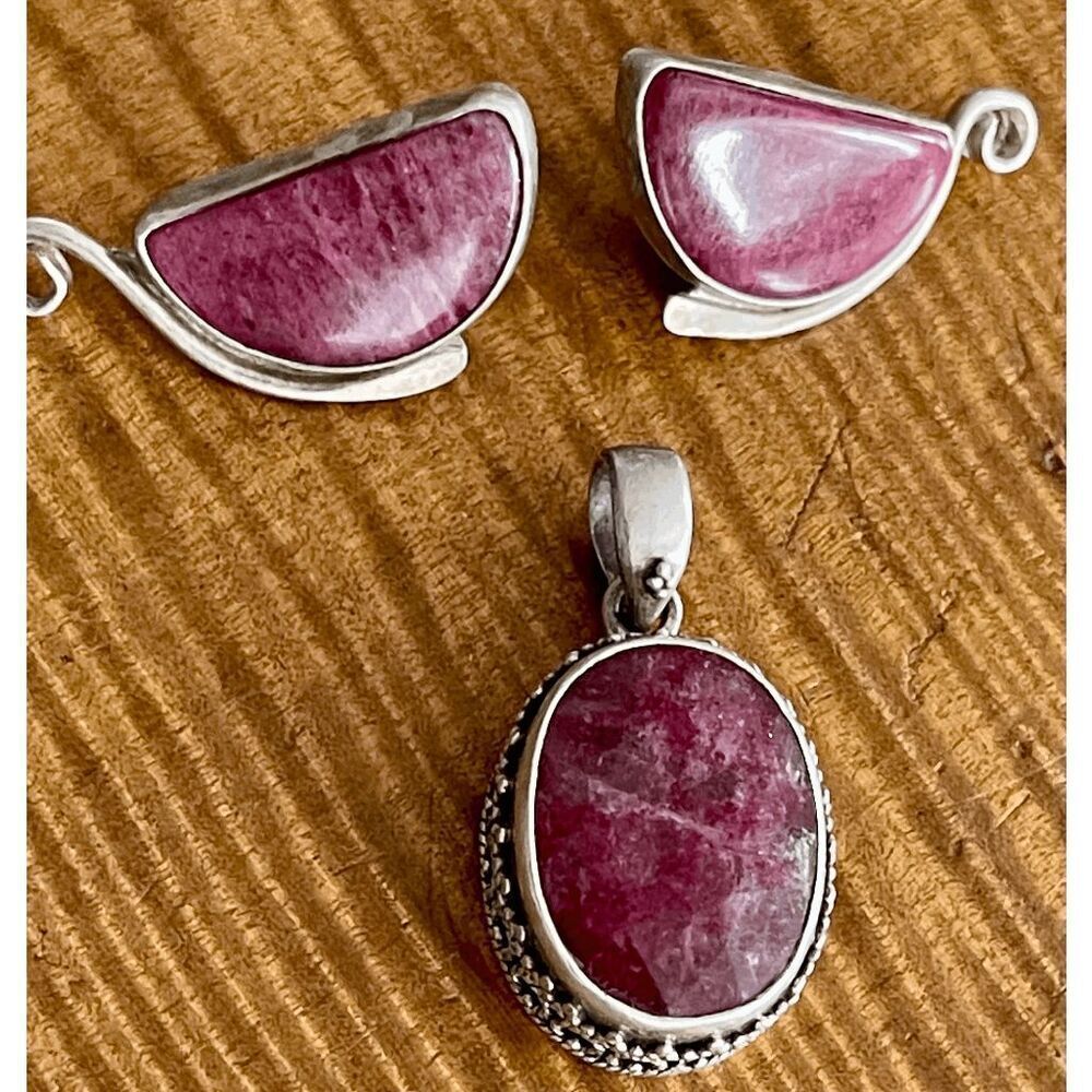 Sterling Silver Lepodolite JSH Signed Earrings And Faceted Pendant